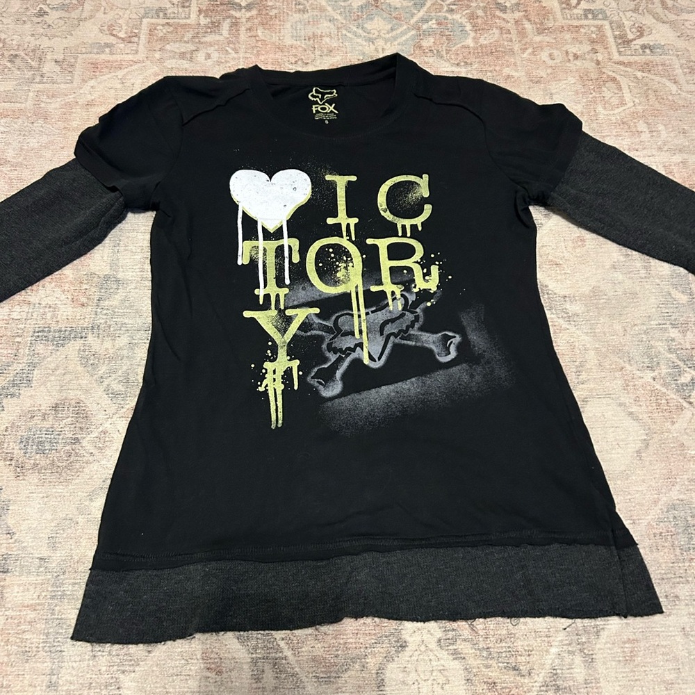 Fox Black Long Sleeve Layered-Look Top with Yellow Graphic